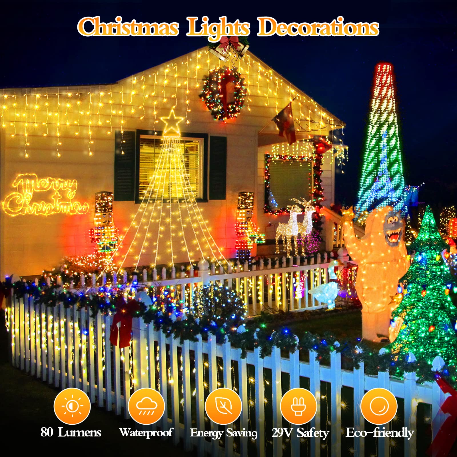 FLVOECN 98ft strand covers fences, trees, or roofs with continuous sparkle.
