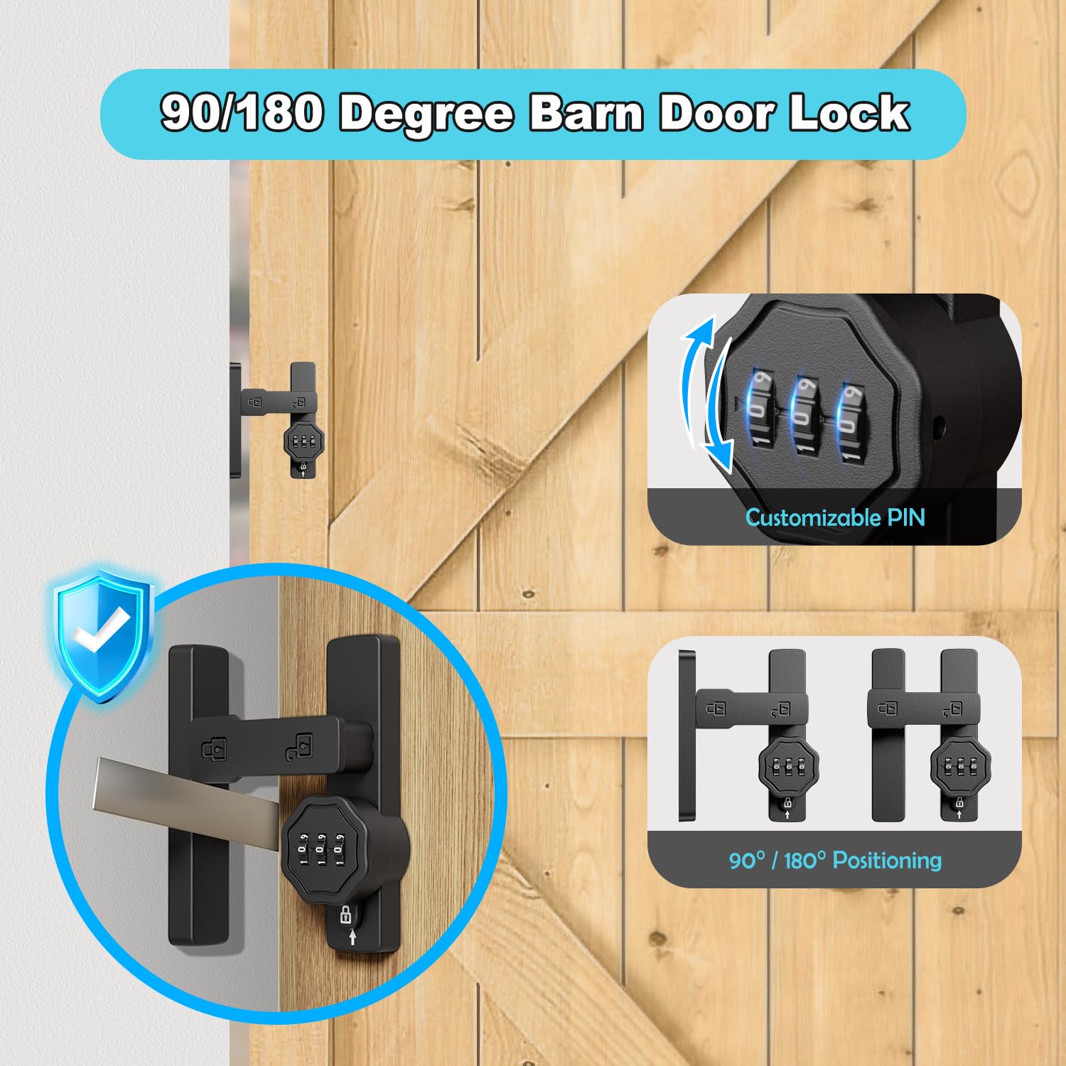 Flwrse barn door lock 180-degree swivel accommodates full door width