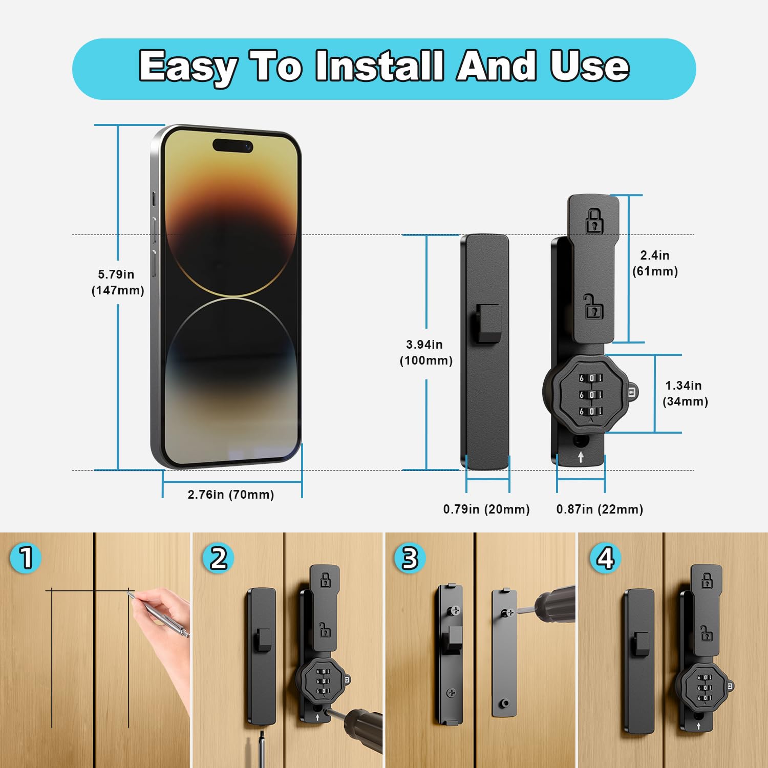 Flwrse barn door lock 3-digit keyless code option for personalized security