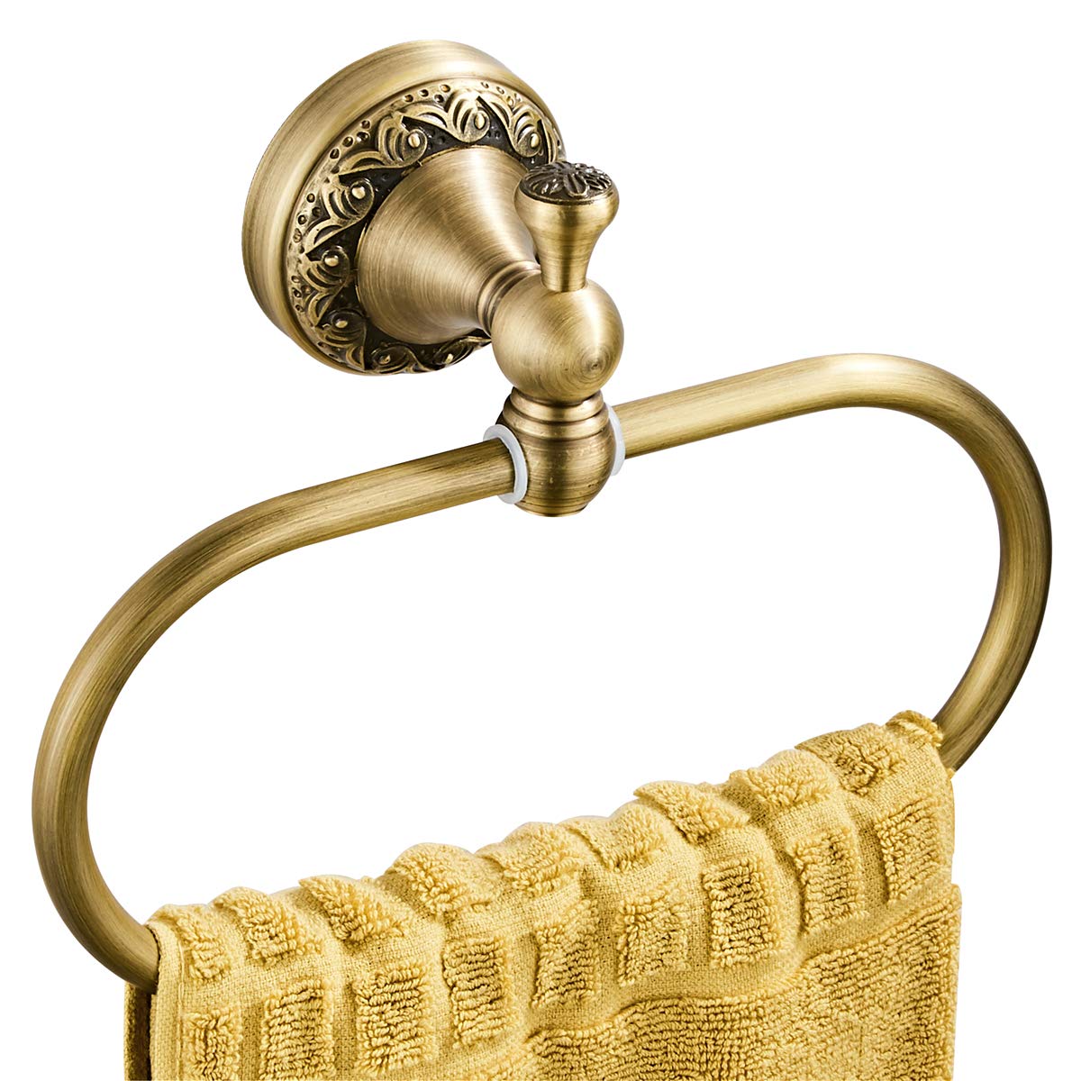 Flybath oval towel ring in antique brass with closeup carving for a timeless bathroom accent.