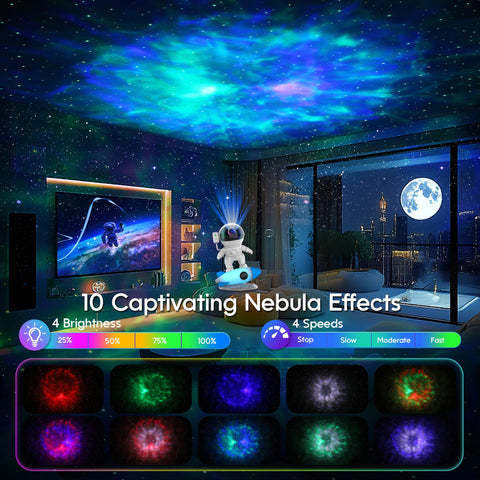 FlyEagle Astronaut 360-degree rotation projects galaxy across walls and ceiling.