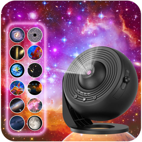 FlyEagle Galaxy Projector showing tray slide swap for 13 patterns and immersive night skies.