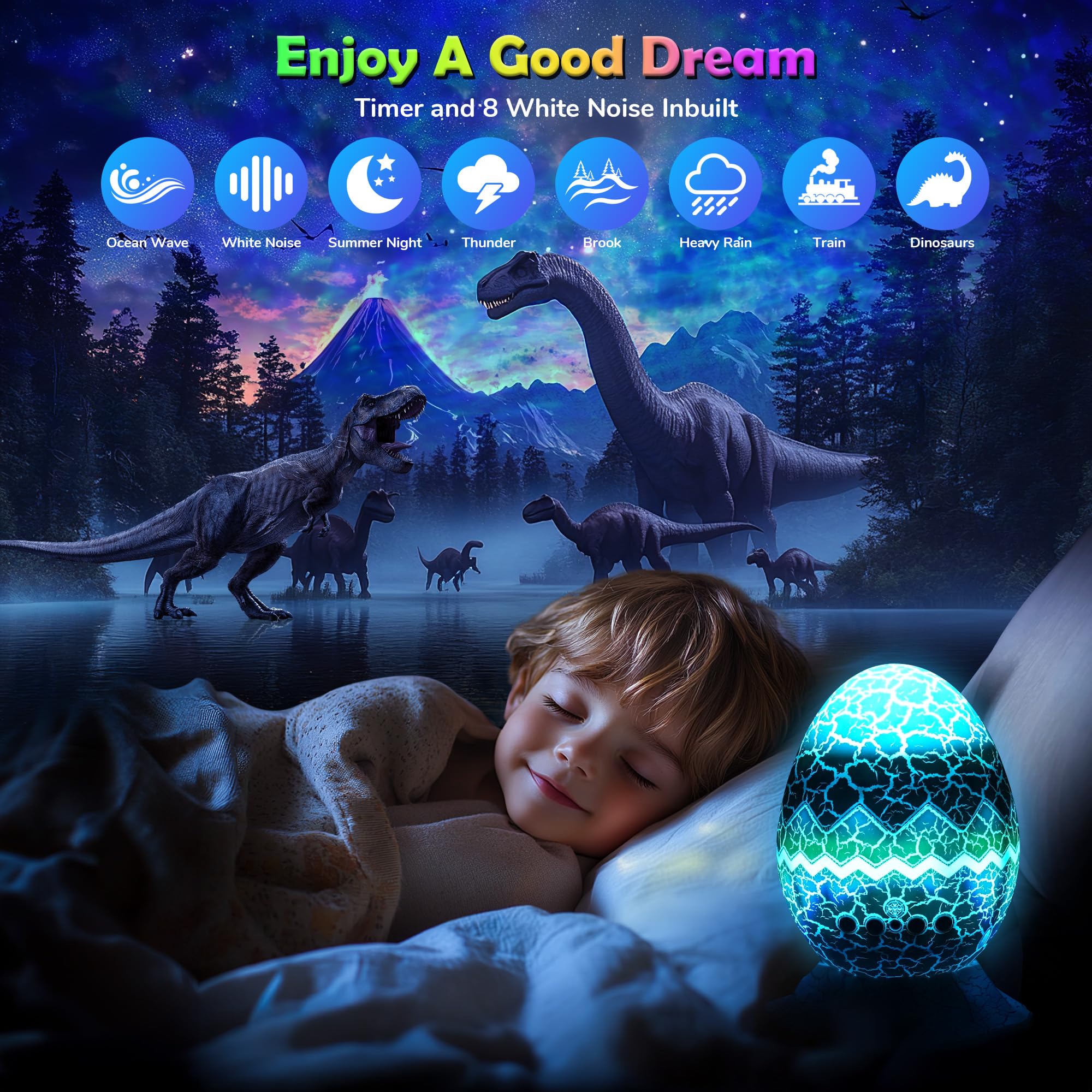 FlyEagle Star Projector Dinosaur Egg Light provides soft night lighting.