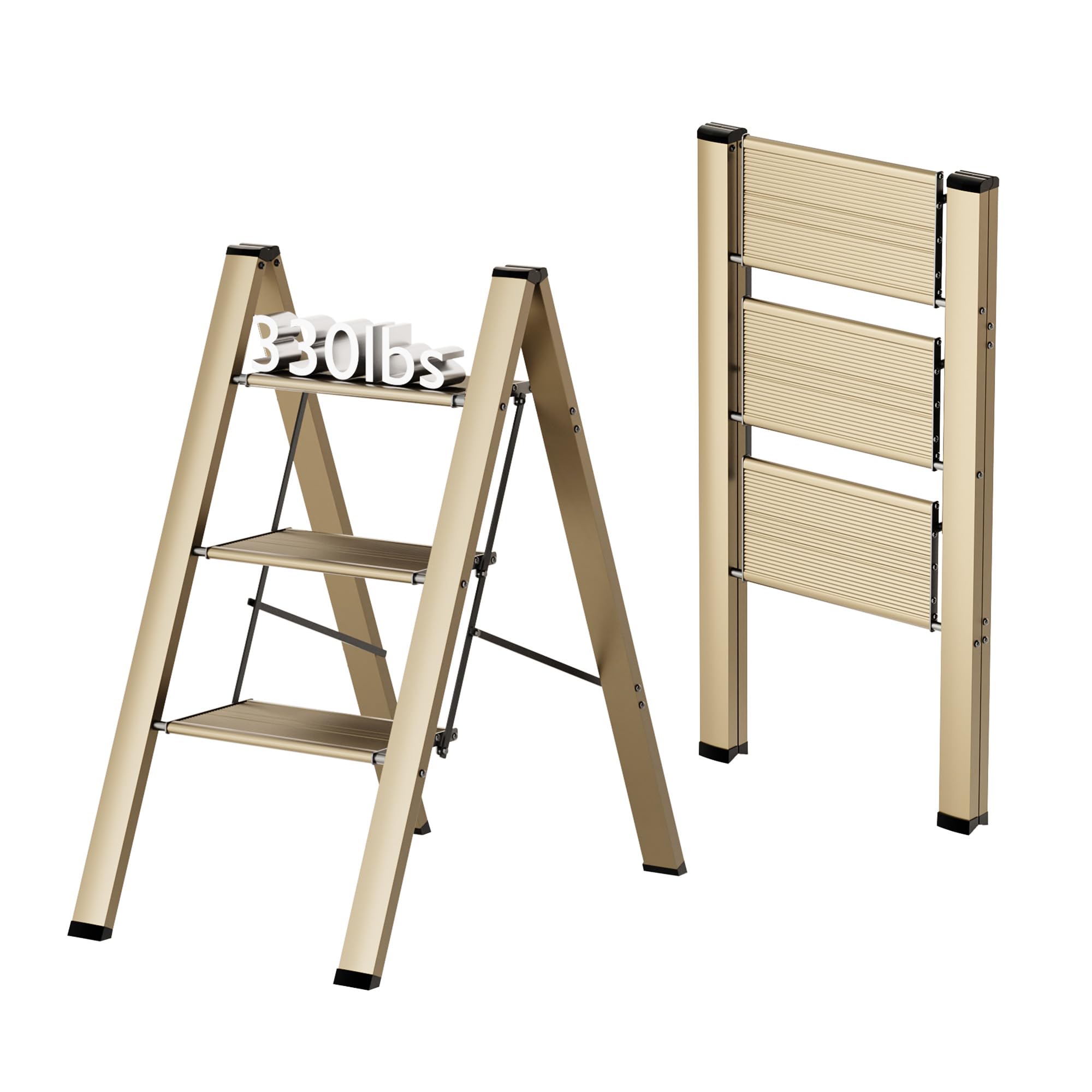 FlyGeneral 3 Step Ladder open setup for stable reach to high shelves.