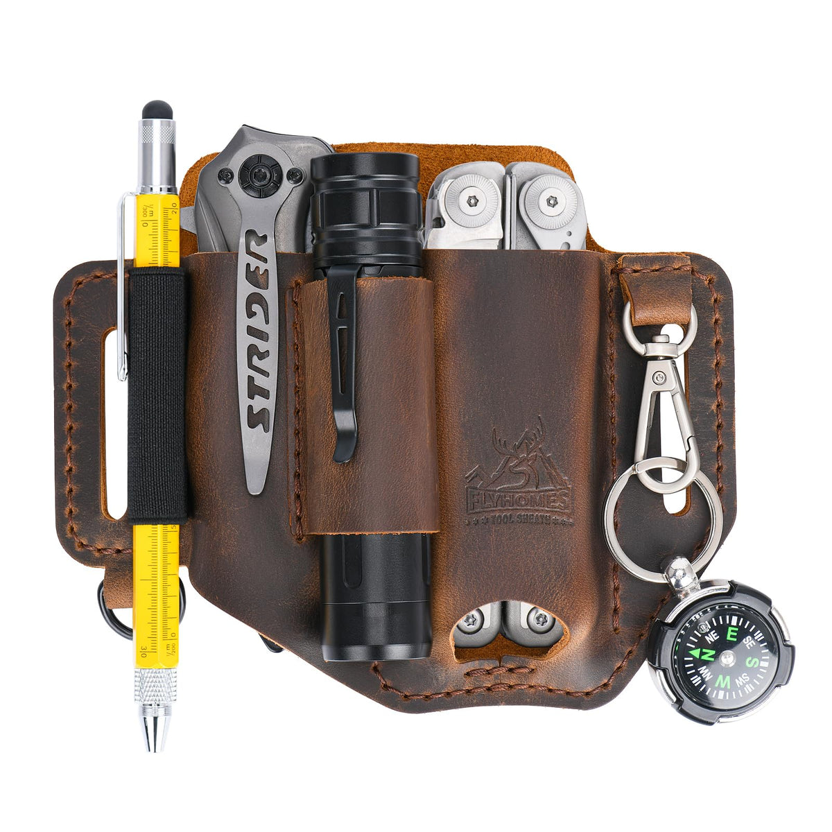 FI FLYHOMES leather sheath front view highlighting sturdy hand-stitched construction for everyday carry