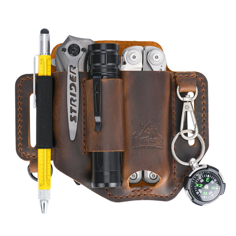 FI FLYHOMES leather sheath front view highlighting sturdy hand-stitched construction for everyday carry