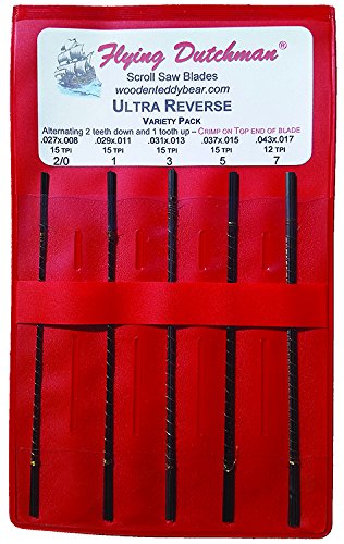 Flying Dutchman Ultra Reverse pinless blades pack for smooth, anti-splinter cuts on intricate scroll saw projects