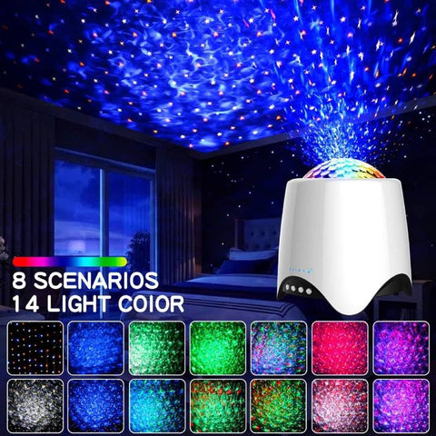 Flyinwe Hoom Star Projector in a bedroom, colorful lights for mood enhancement.