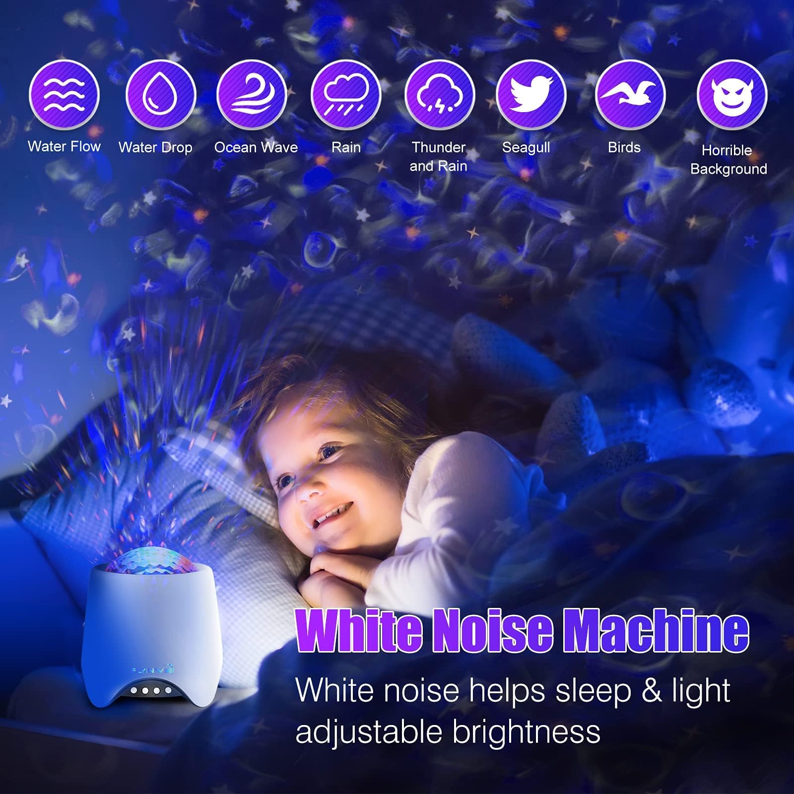 Flyinwe Hoom Star Projector with ocean waves projection for soothing nights.