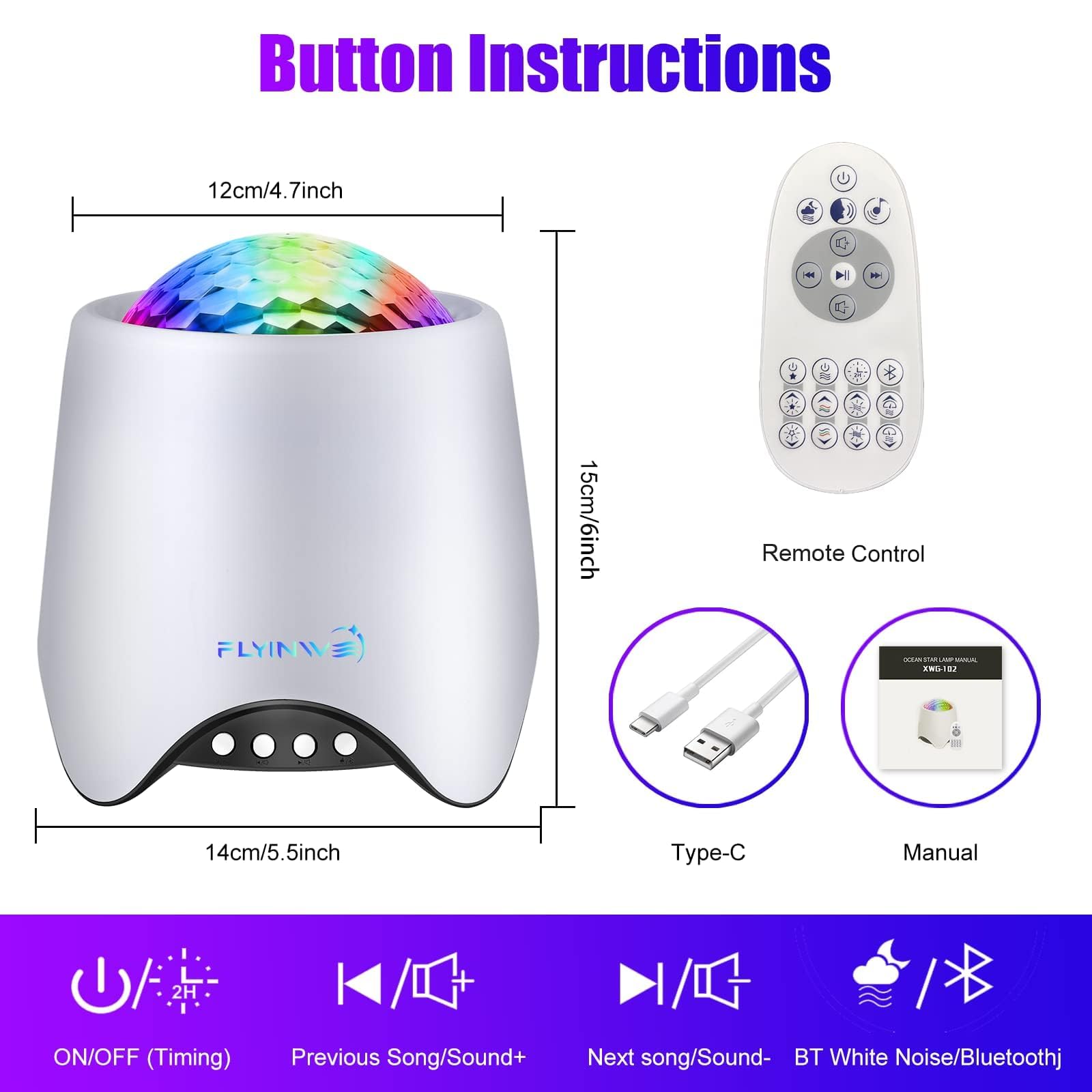 Flyinwe Hoom Star Projector includes white noise for sleep support.