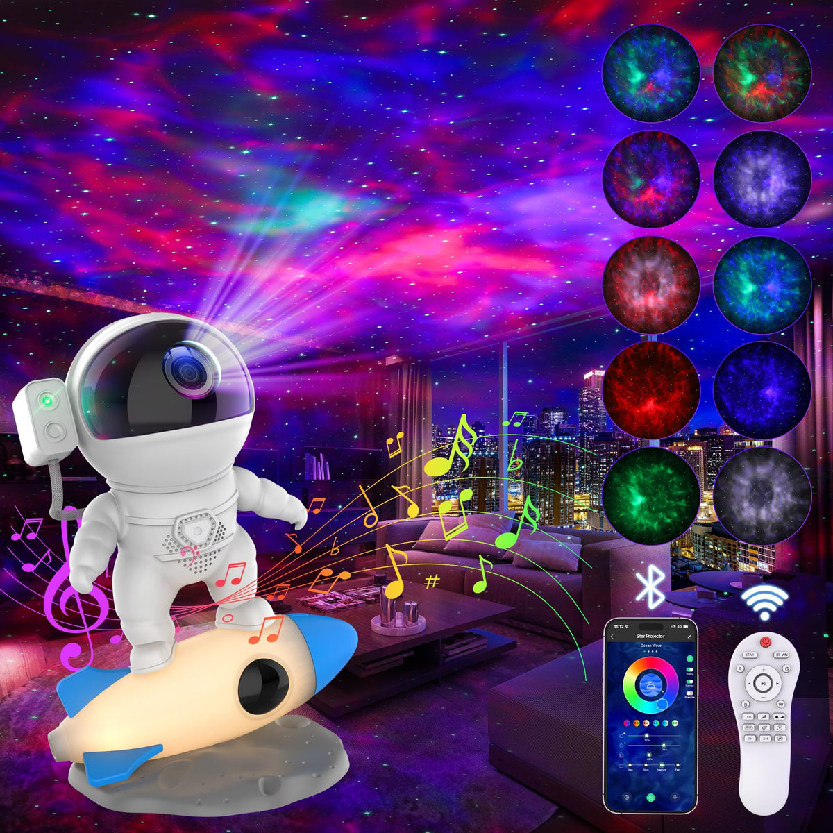 FlyLily Astronaut Galaxy Projector front view showcasing vivid nebula colors for cozy ambiance