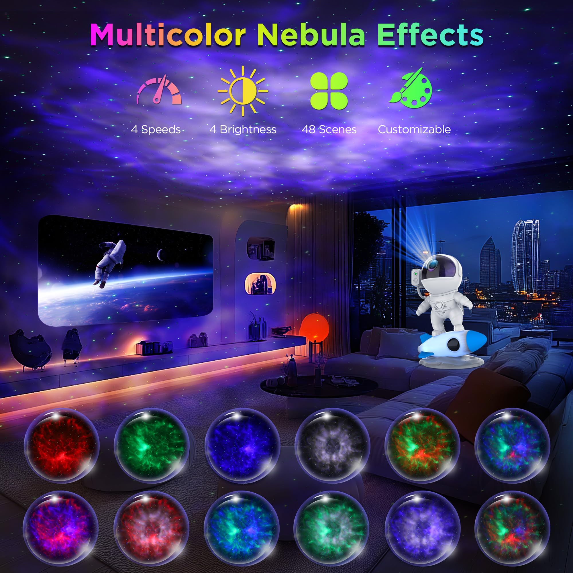 FlyLily Astronaut Galaxy Projector side angle highlighting versatile wall and ceiling projection