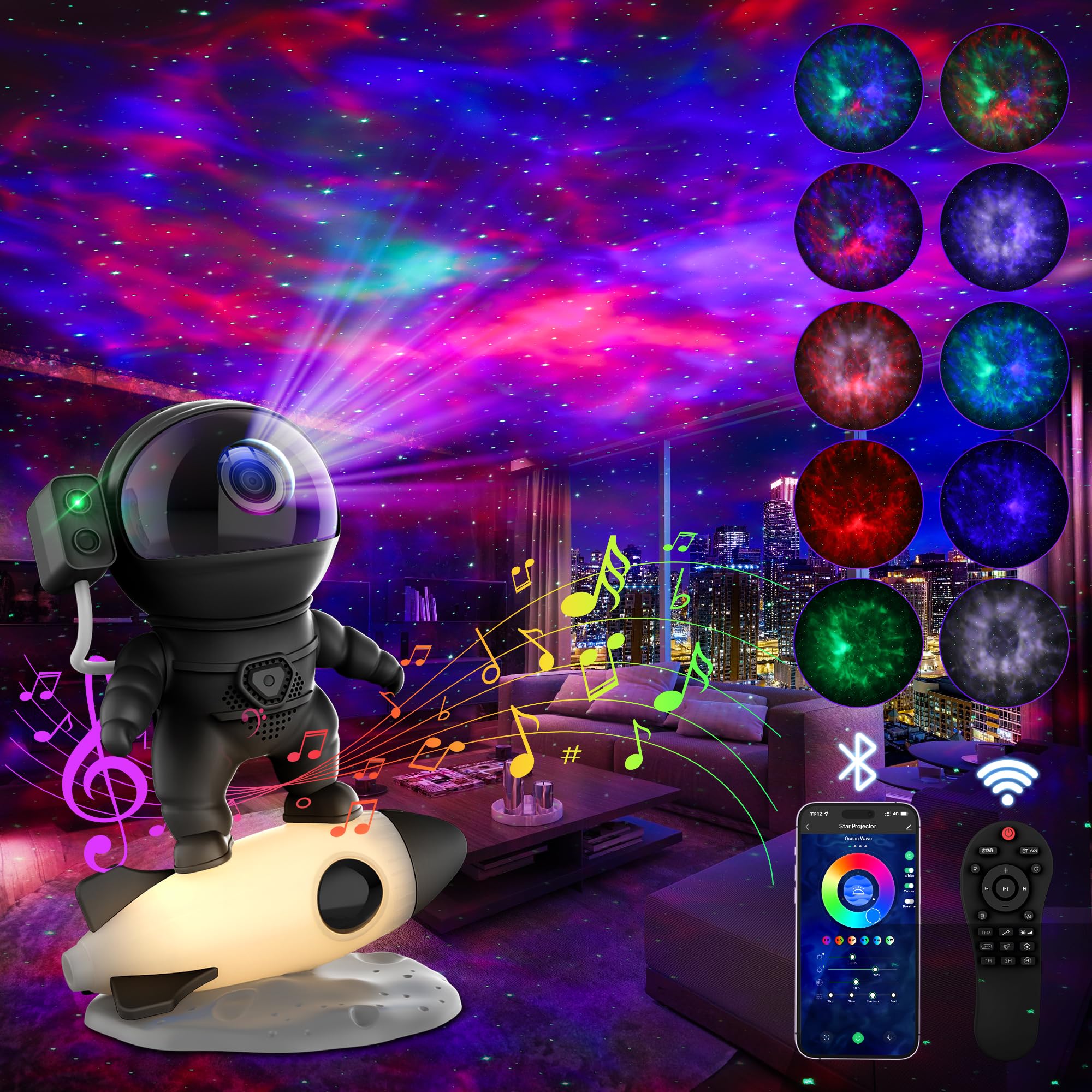 FlyLily astronaut projector with rocket base casts vivid galaxy projection on walls