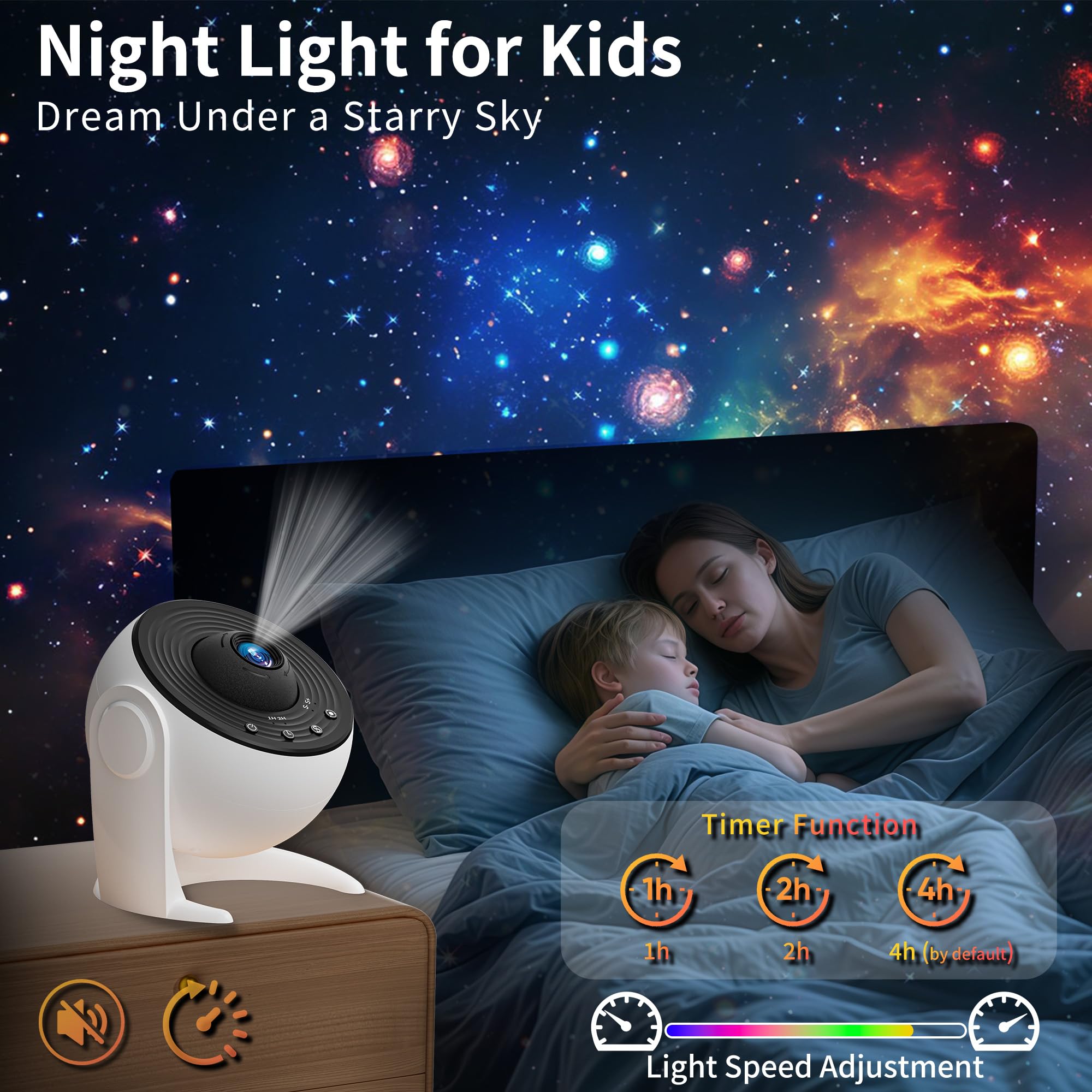FlyLily Galaxy Projector in a dim bedroom creating a relaxing night sky vibe