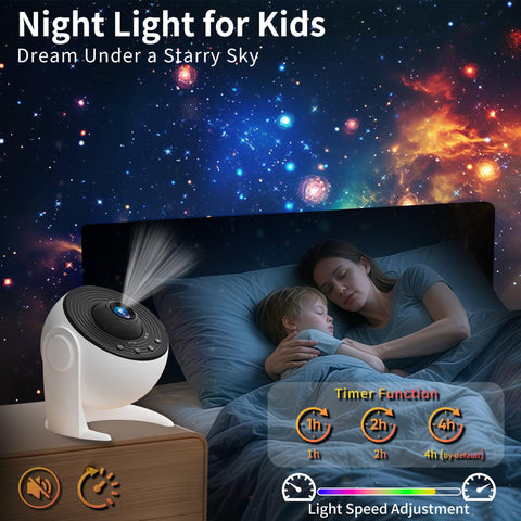 FlyLily Galaxy Projector in a dim bedroom creating a relaxing night sky vibe