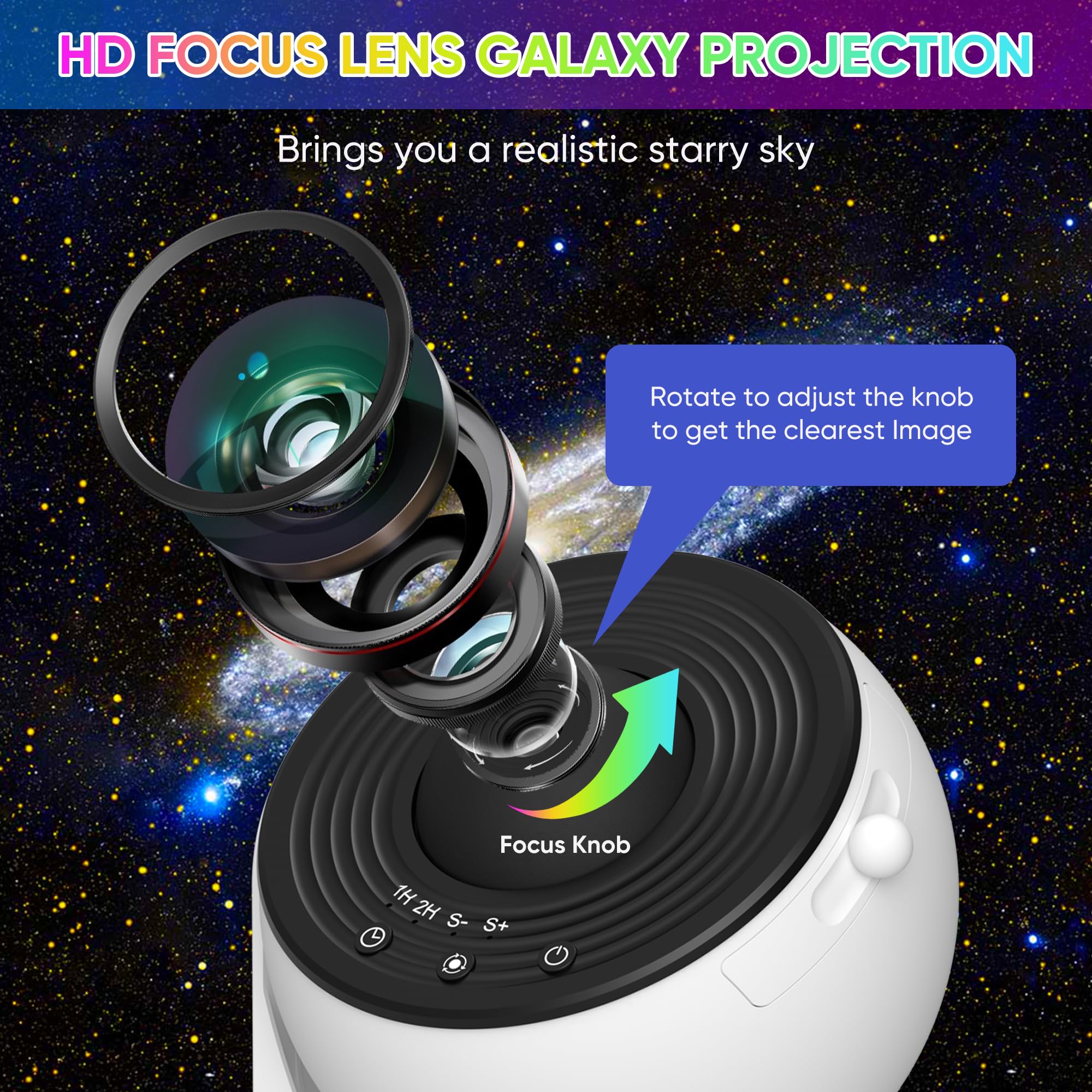FlyLily Galaxy Projector adjustable focus lets clear star images for vivid scenes.