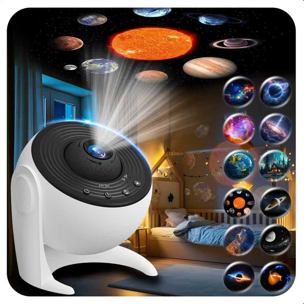 FlyLily Galaxy Projector front view showing bright starlight for a vivid bedroom ambiance