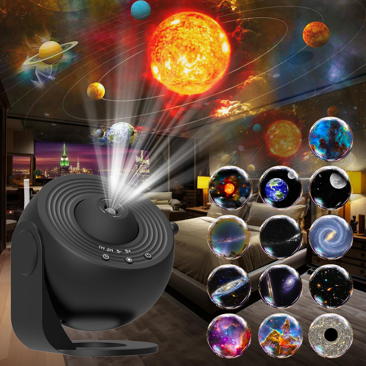 FlyLily Galaxy Projector Solar System disc projected on ceiling for immersive stargazing