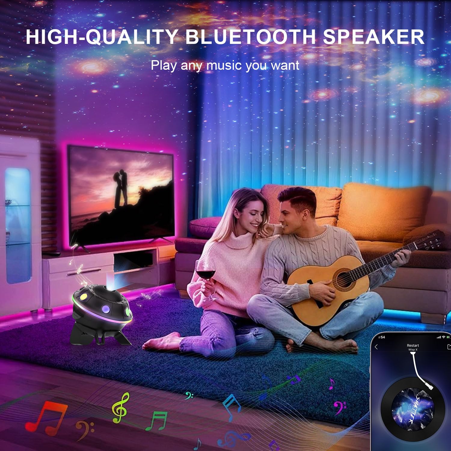 FlyLily UFO Star Projector wide coverage up to 754 sq ft in rooms.