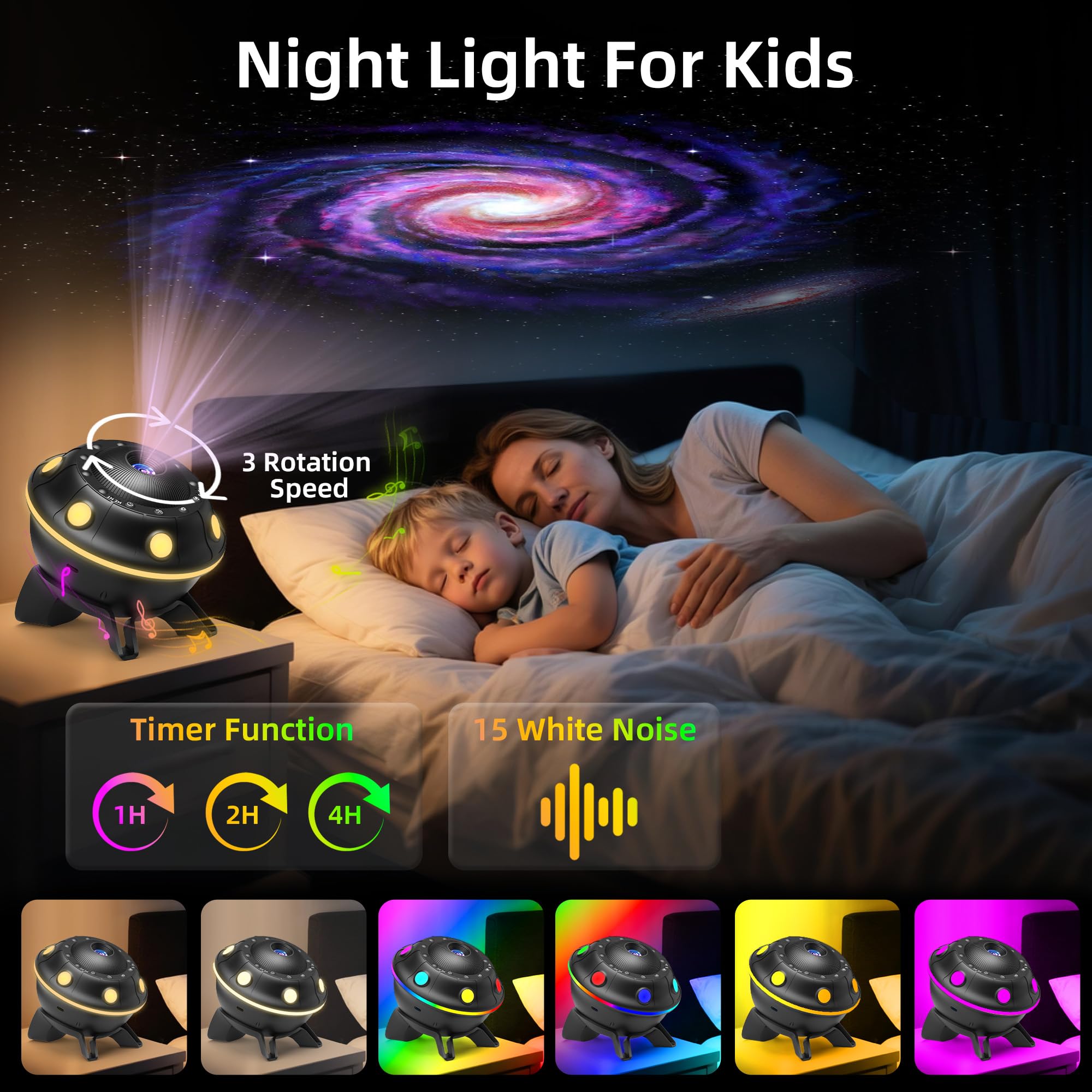 FlyLily UFO Star Projector 360° rotation delivers gentle galaxy movement.