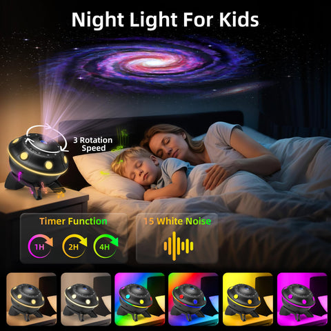FlyLily UFO Star Projector 360° rotation delivers gentle galaxy movement.