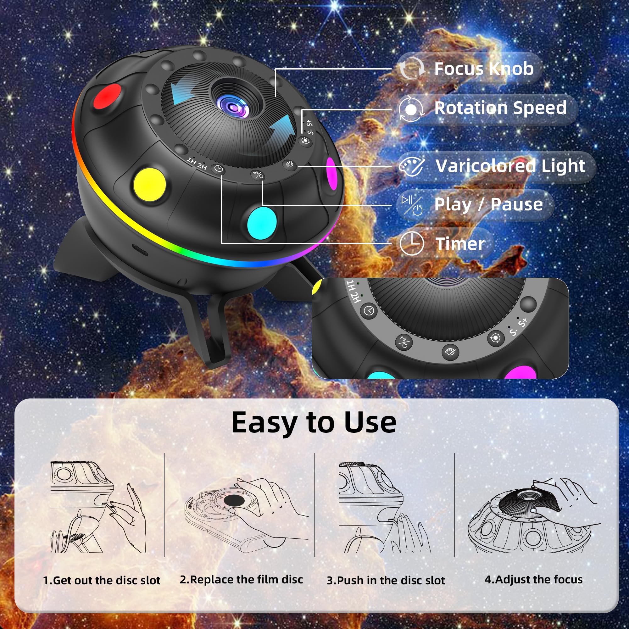 FlyLily UFO Star Projector 15 white-noise options for restful ambience.