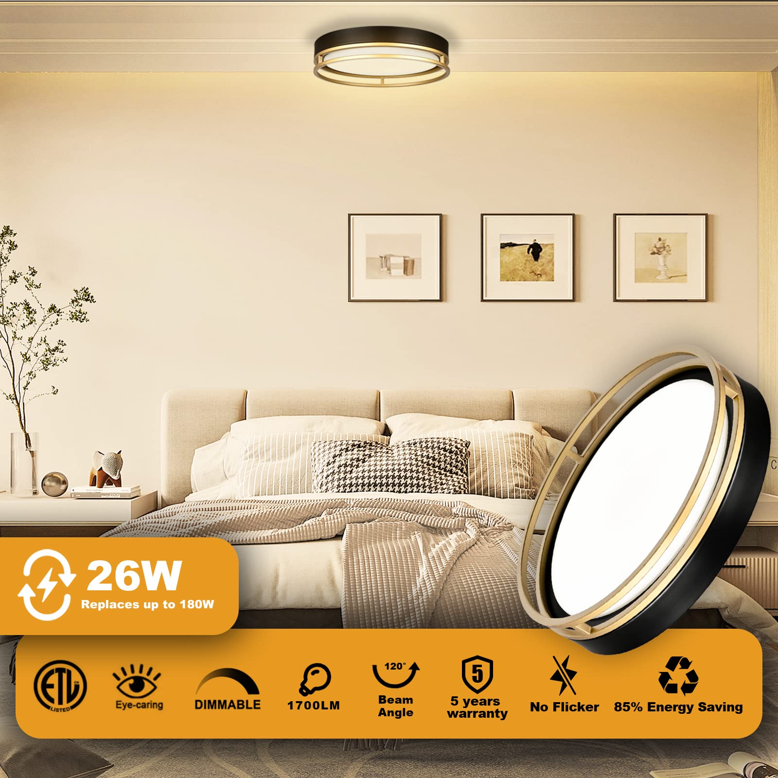 Flynix 3000K warm white setting provides cozy ambience for a bedroom.