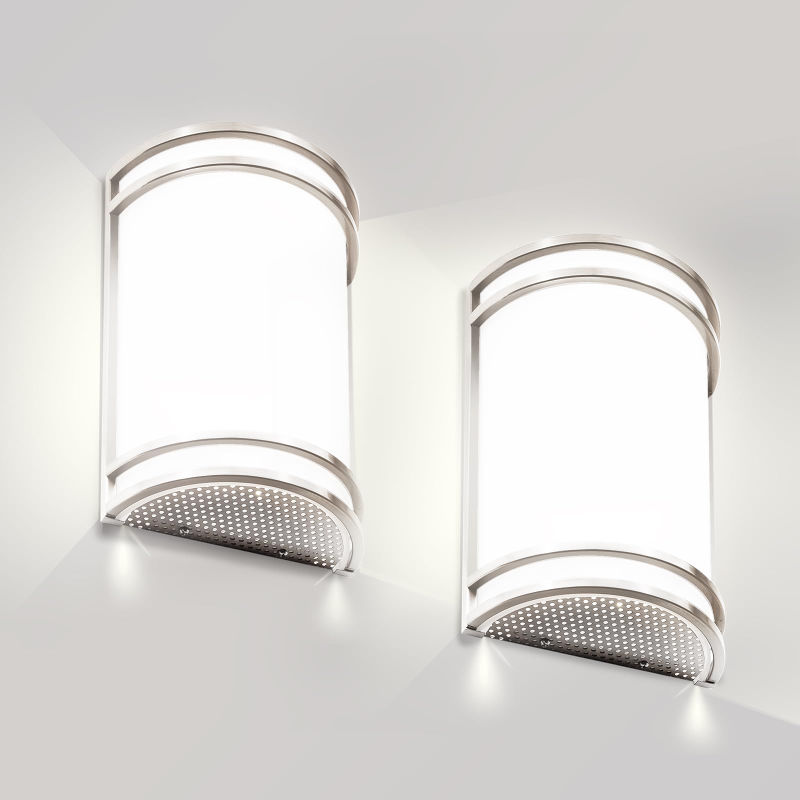 Flynix half-cylinder wall sconce in brushed nickel delivers warm ambient lighting.