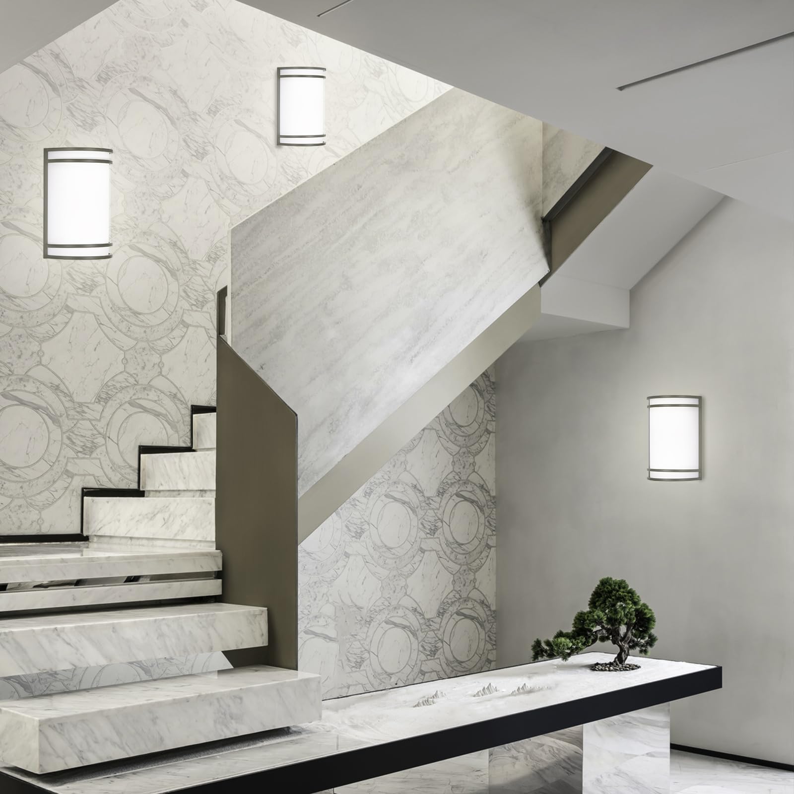 Flynix hallway installation; half-cylinder sconce delivers even wall illumination.