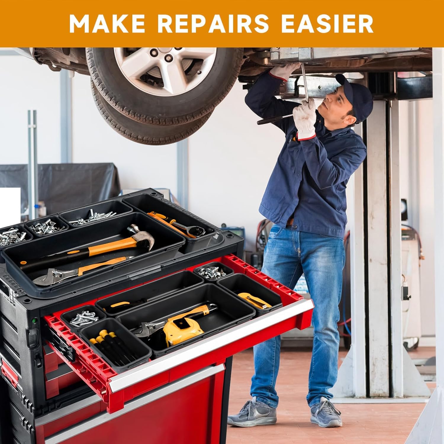 FLYVOLE rolling tool chest organization keeps tools within reach and neatly arranged.