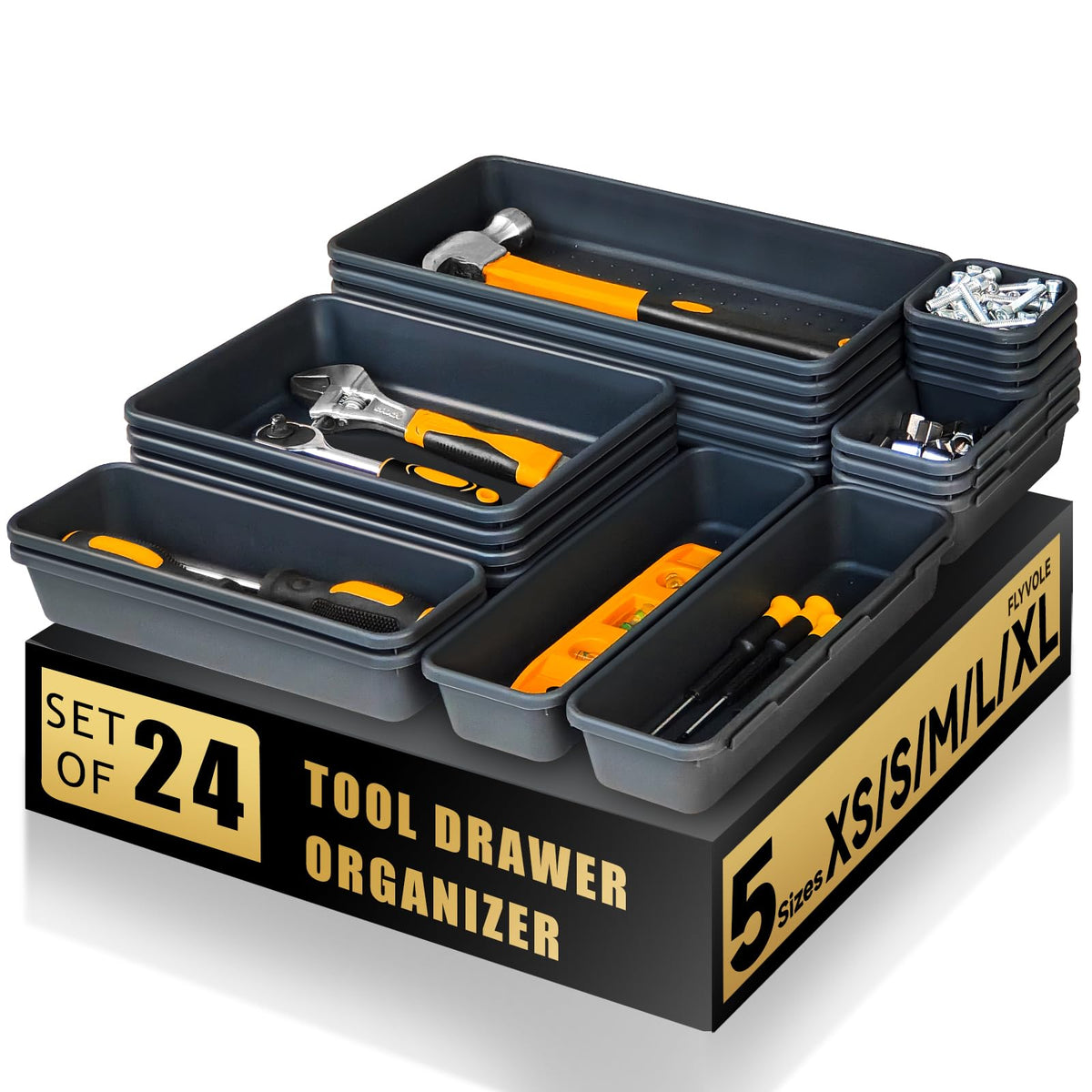 FLYVOLE toolbox organizer tray 24-pack showing multi-size compartments for easy tool sorting.
