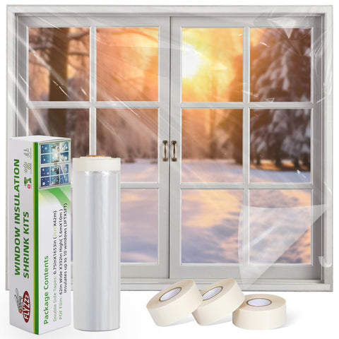 Flyzzz Window Insulation Kit film 62x393in shows clear shrink film for draft protection.