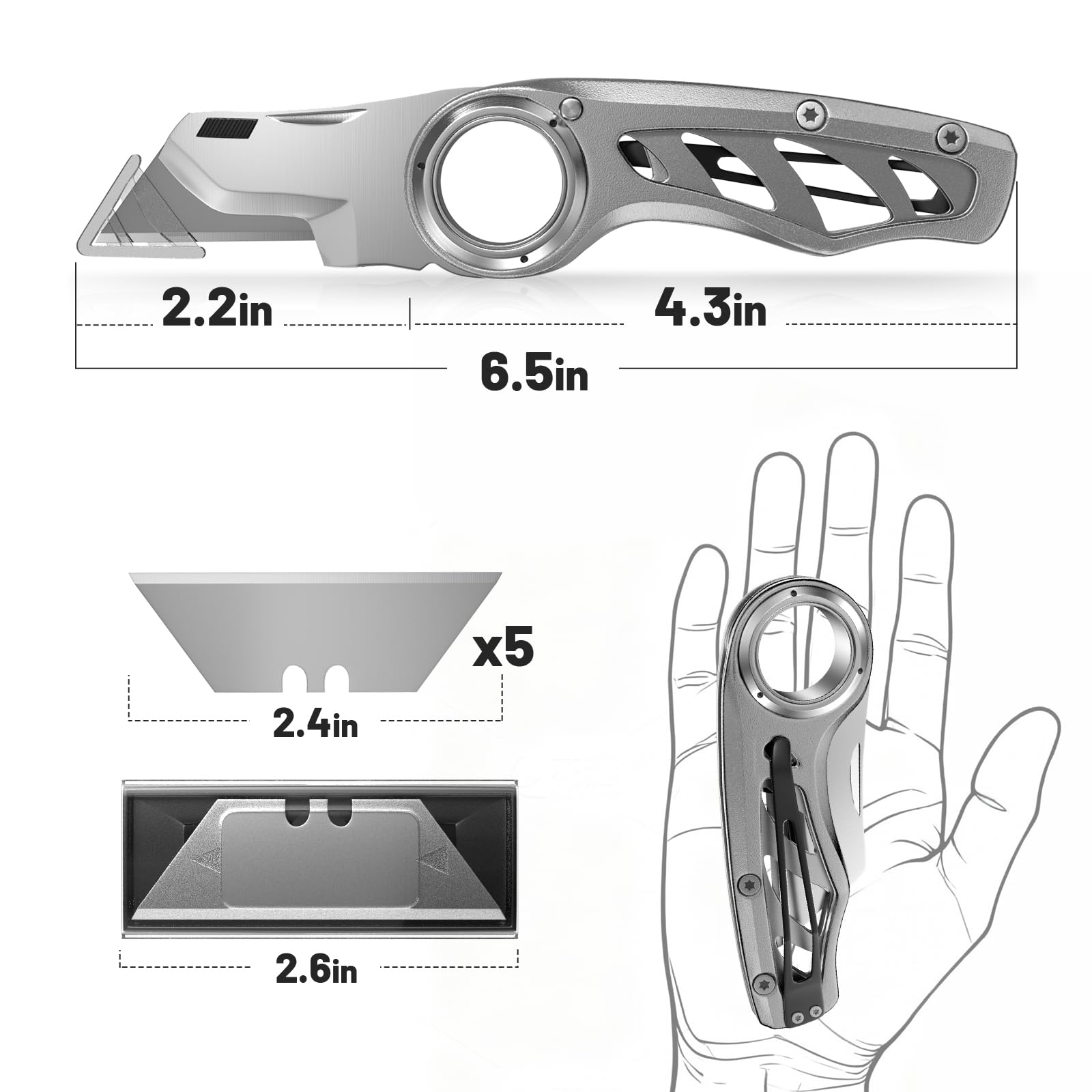 Fmeida folding utility knife enables fast blade swaps with its quick-change system.