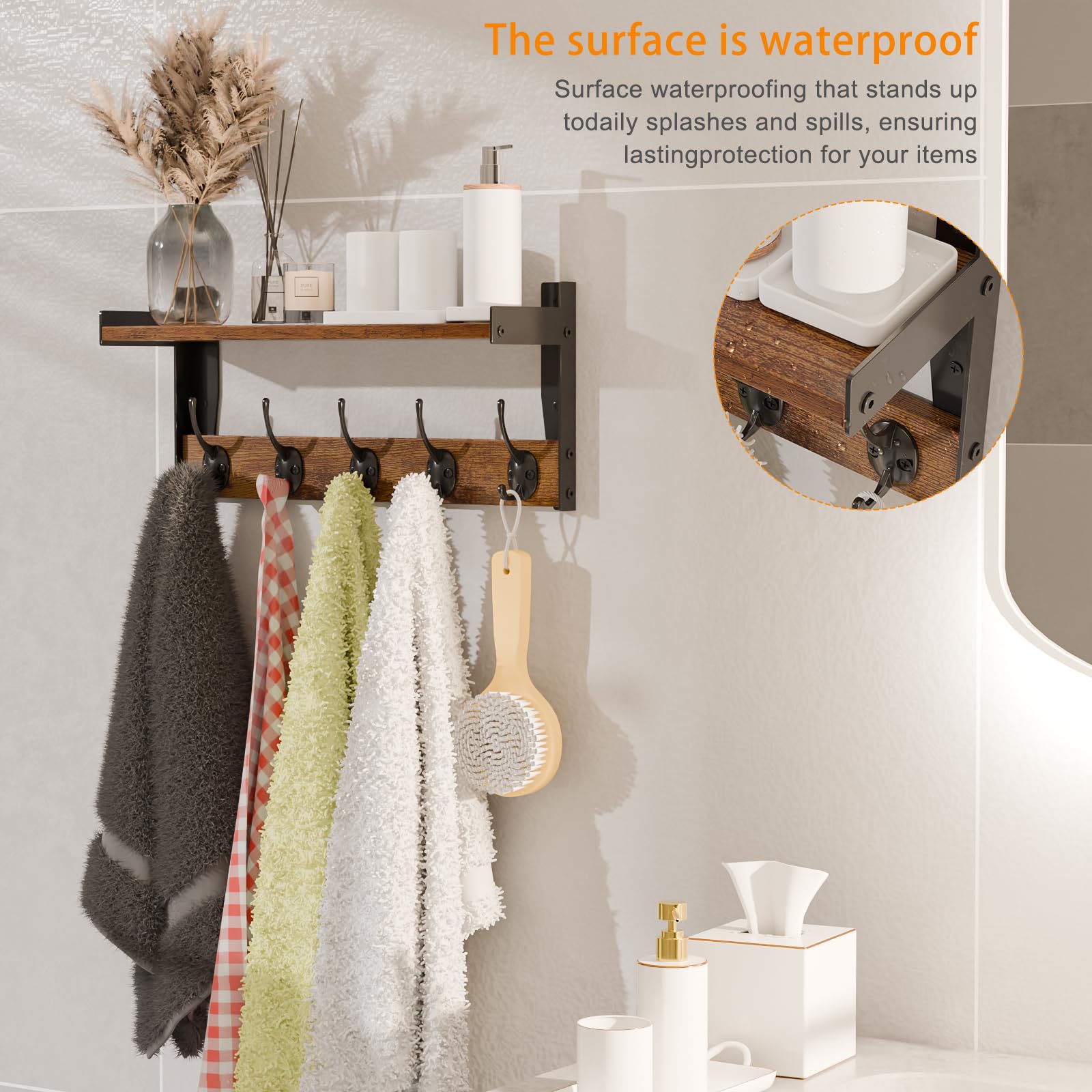FNBAR bathroom mudroom shelf supports towels and robes with sturdy hooks