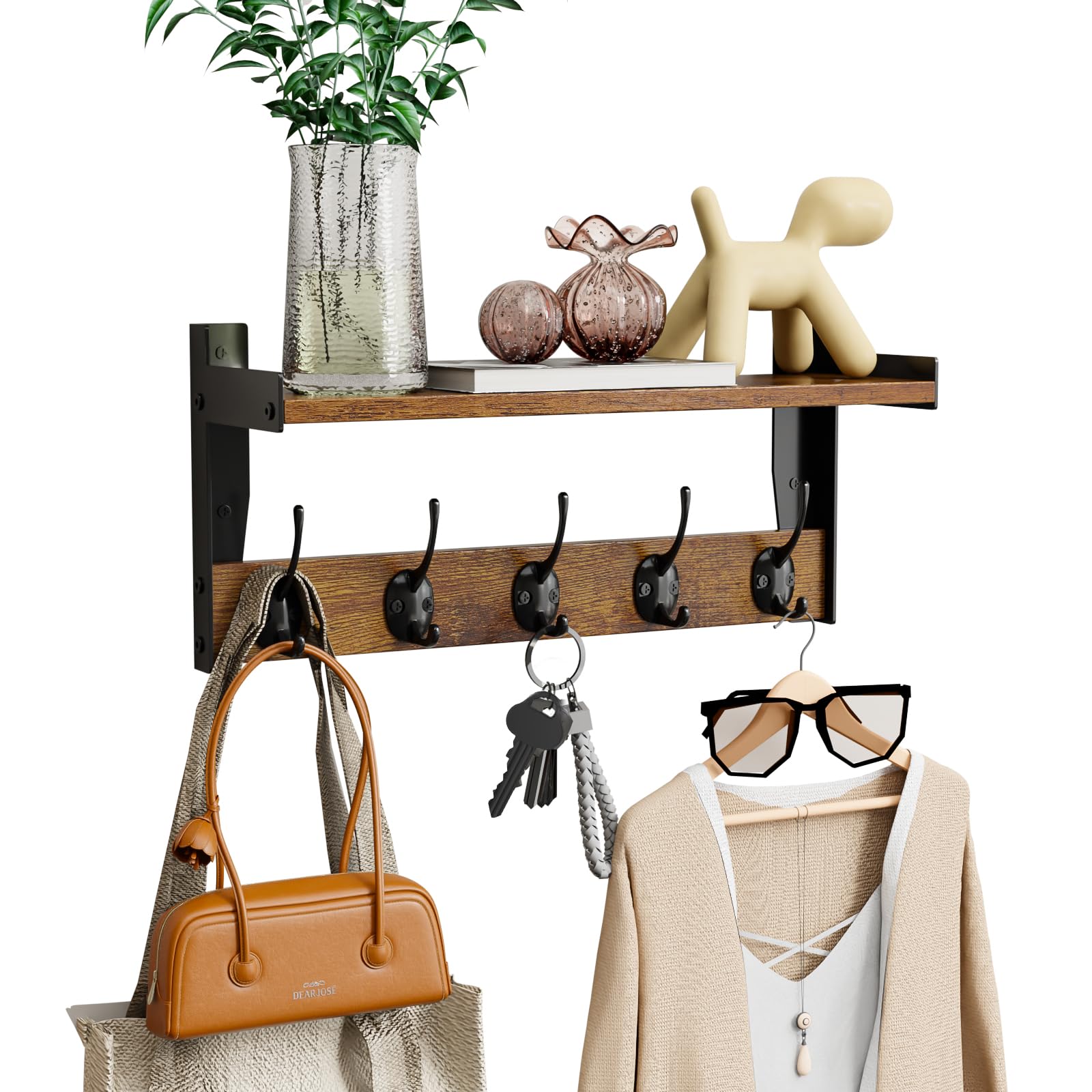 FNBAR wall hooks with shelf in rustic brown finish for coats and bags