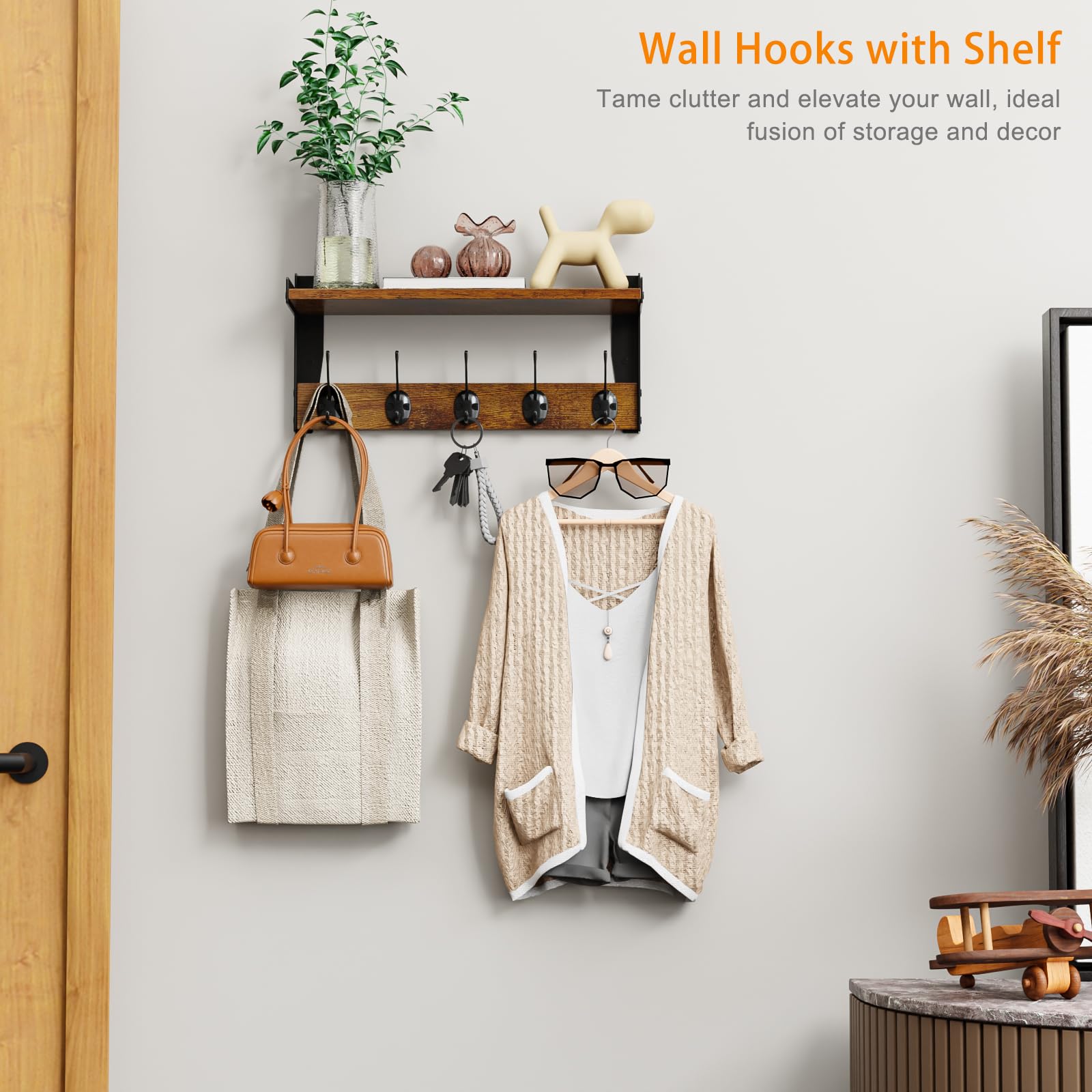 FNBAR wooden coat rack with five hooks keeps hats and purses reachable
