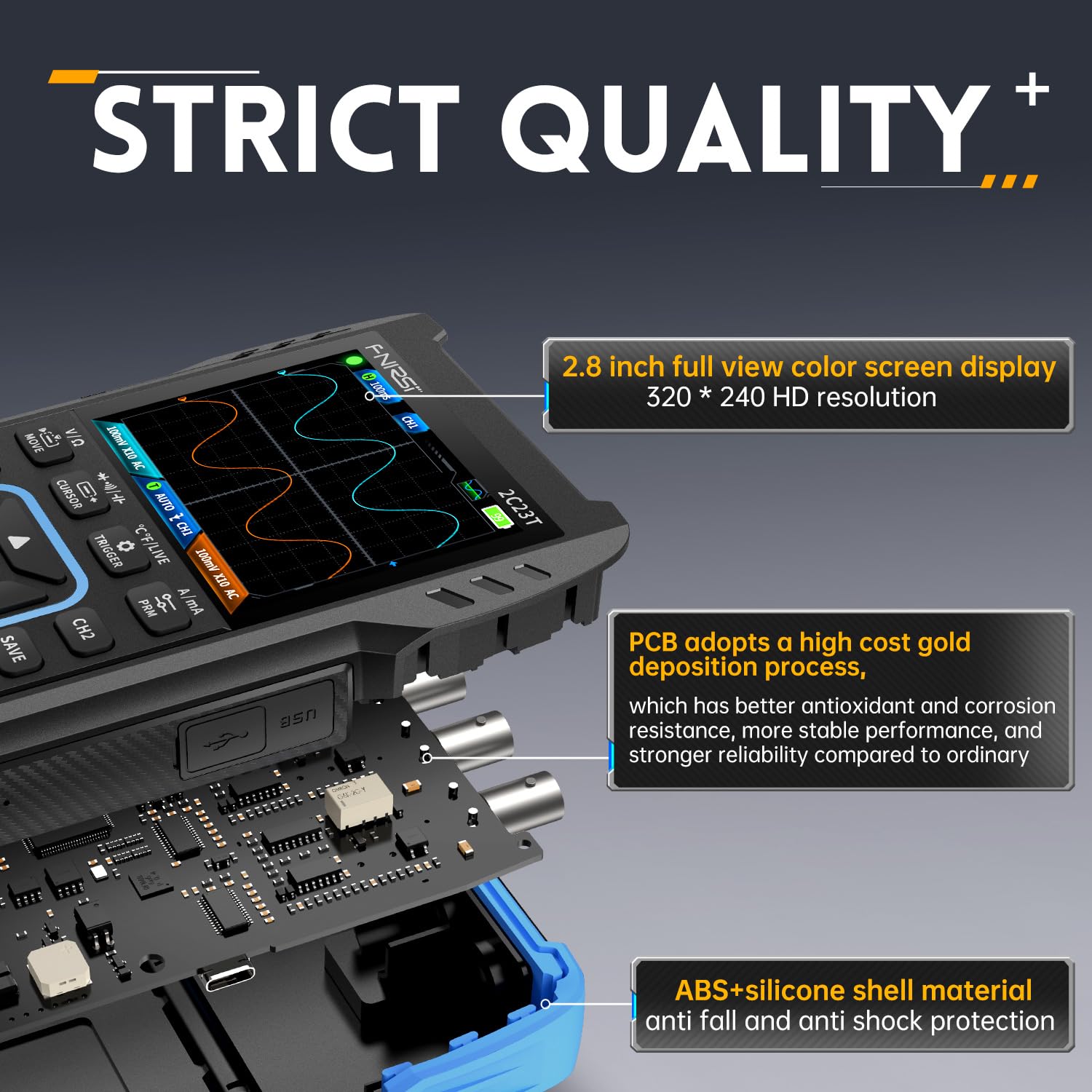 FNIRSI 2C23T multimeter readings for voltage, current, and resistance tests.