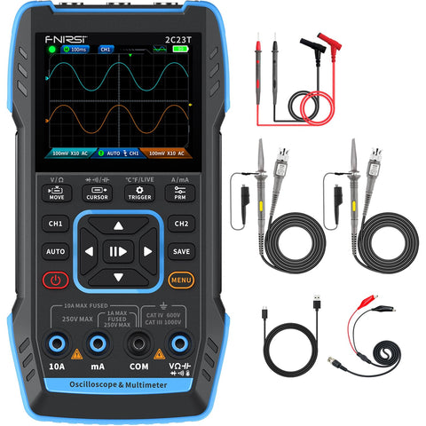 FNIRSI 2C23T oscilloscope front display with clear waveform visualization.