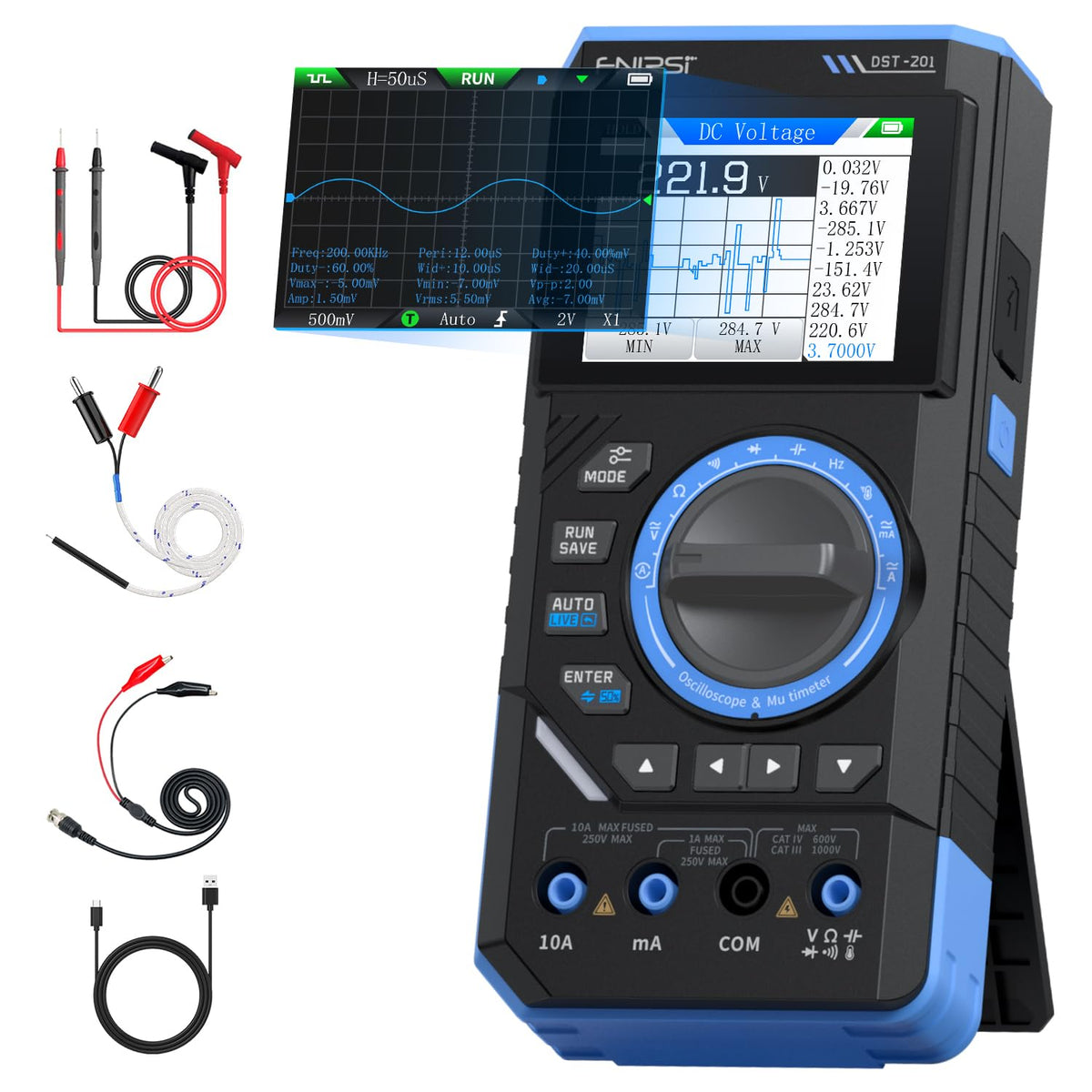 FNIRSI DST-201 display front shows a clear user interface for quick measurements