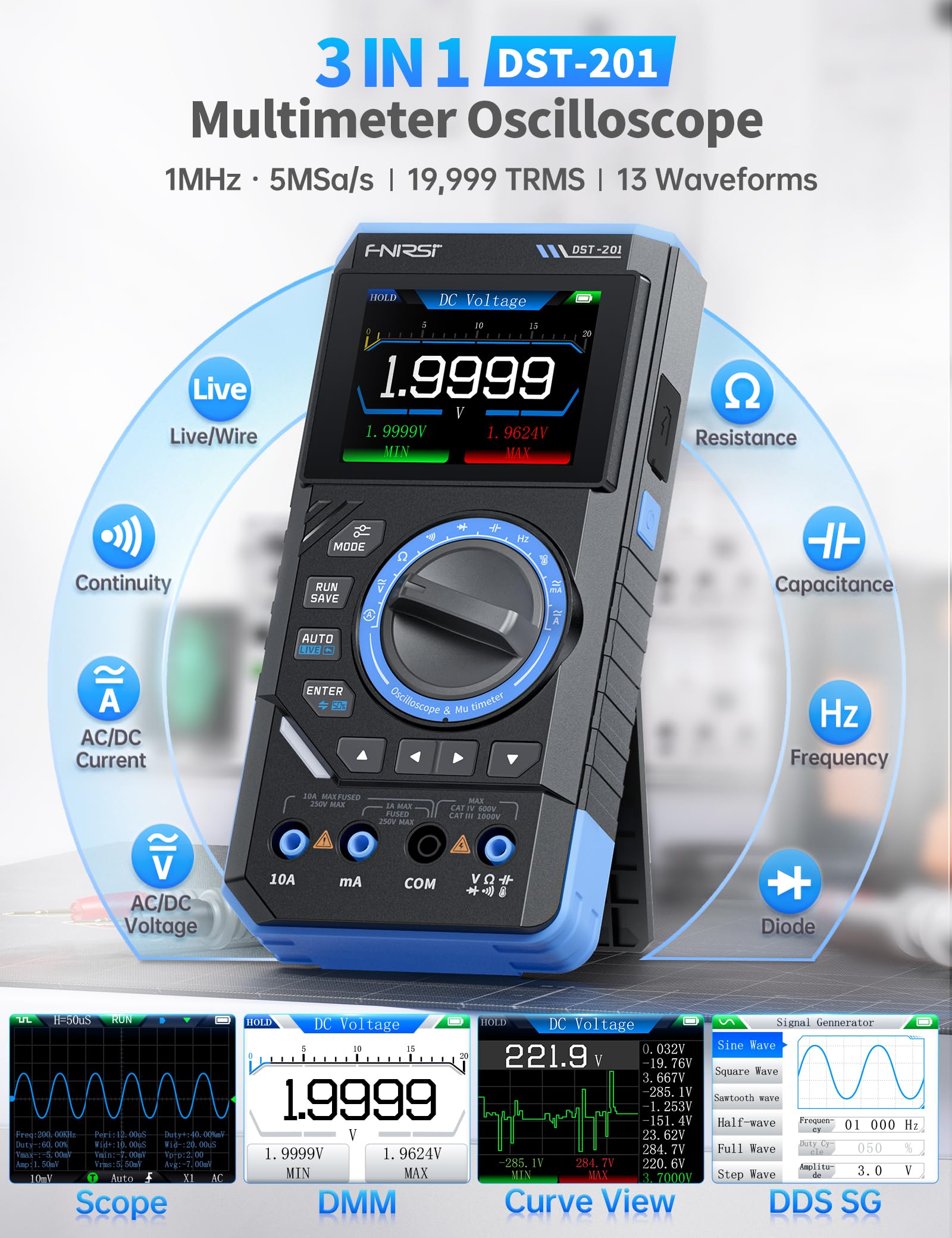 FNIRSI DST-201 oscilloscope view provides real-time waveform visualization for troubleshooting