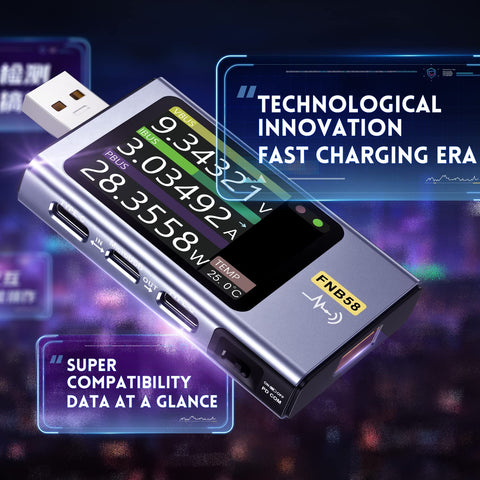 FNIRSI FNB58 fast charge detection highlights QC and PD protocols for chargers.