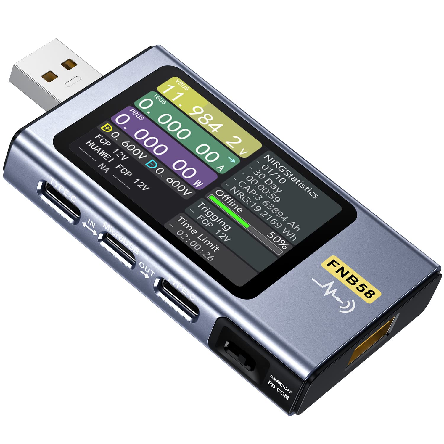 FNIRSI FNB58 display readout shows voltage and current in real time for quick checks.