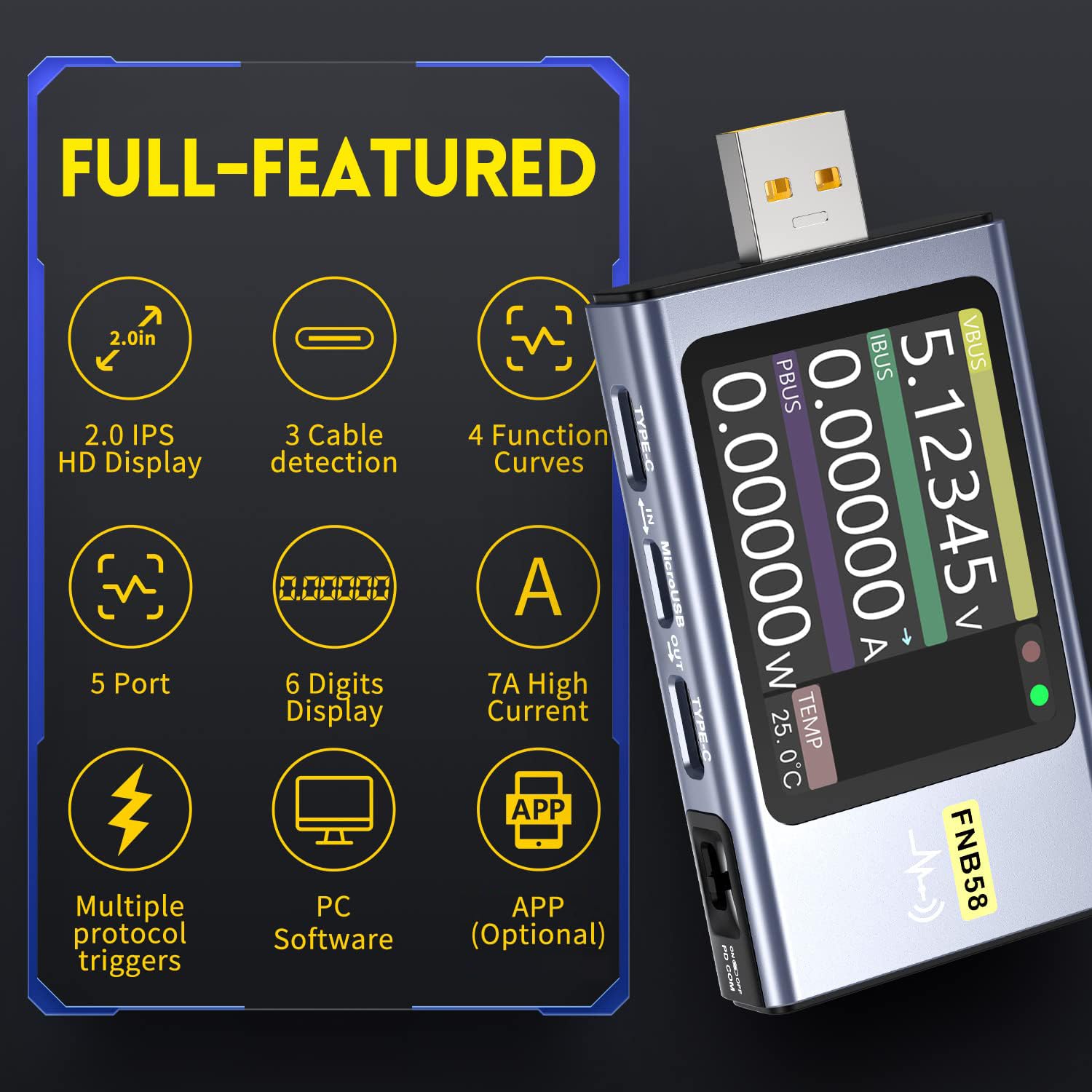 FNIRSI FNB58 QR manual access lets you view the manual and firmware info.