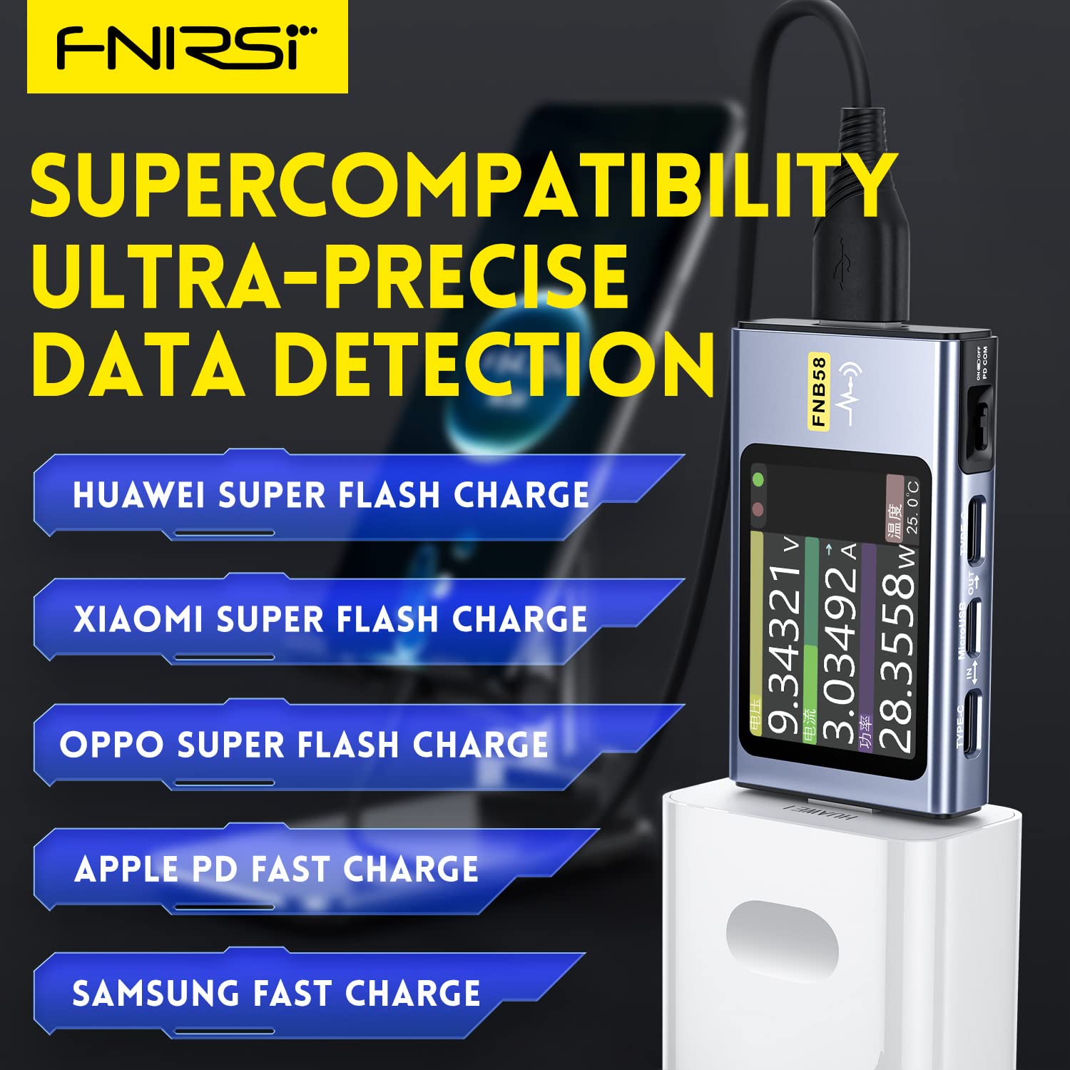 FNIRSI FNB58 USB ports view enables testing and data capture across interfaces.