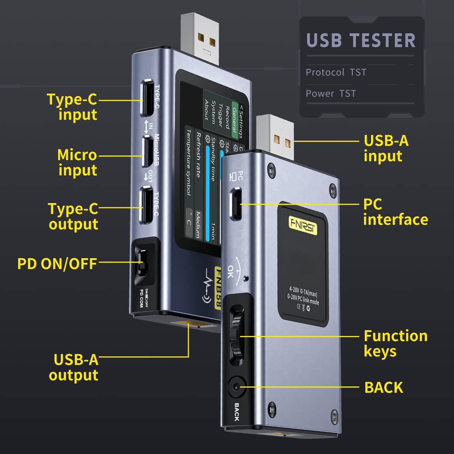 FNIRSI FNB58 wire resistance readout uses differential method for wire quality insight.
