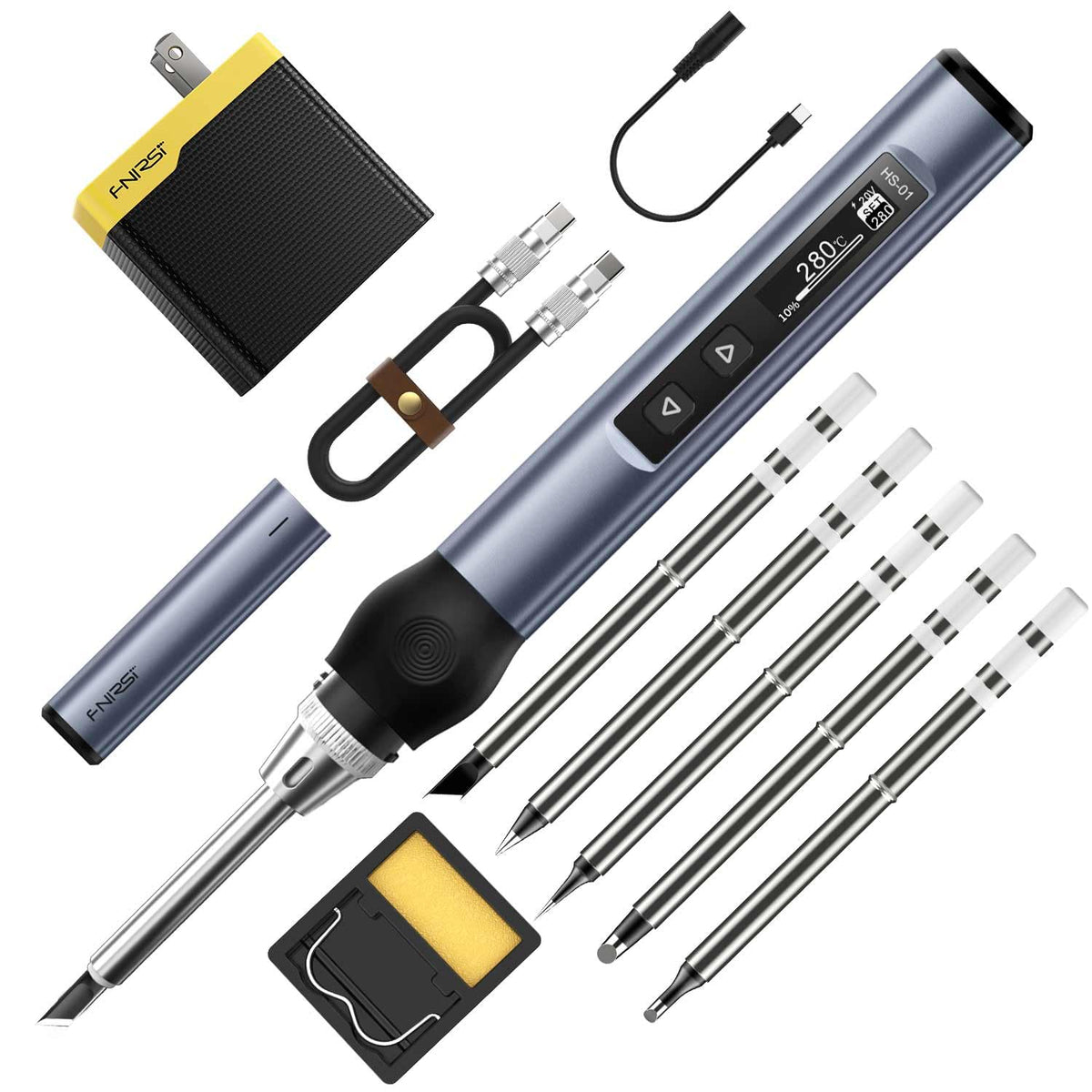 FNIRSI HS-01 front view of compact soldering iron for extended use.
