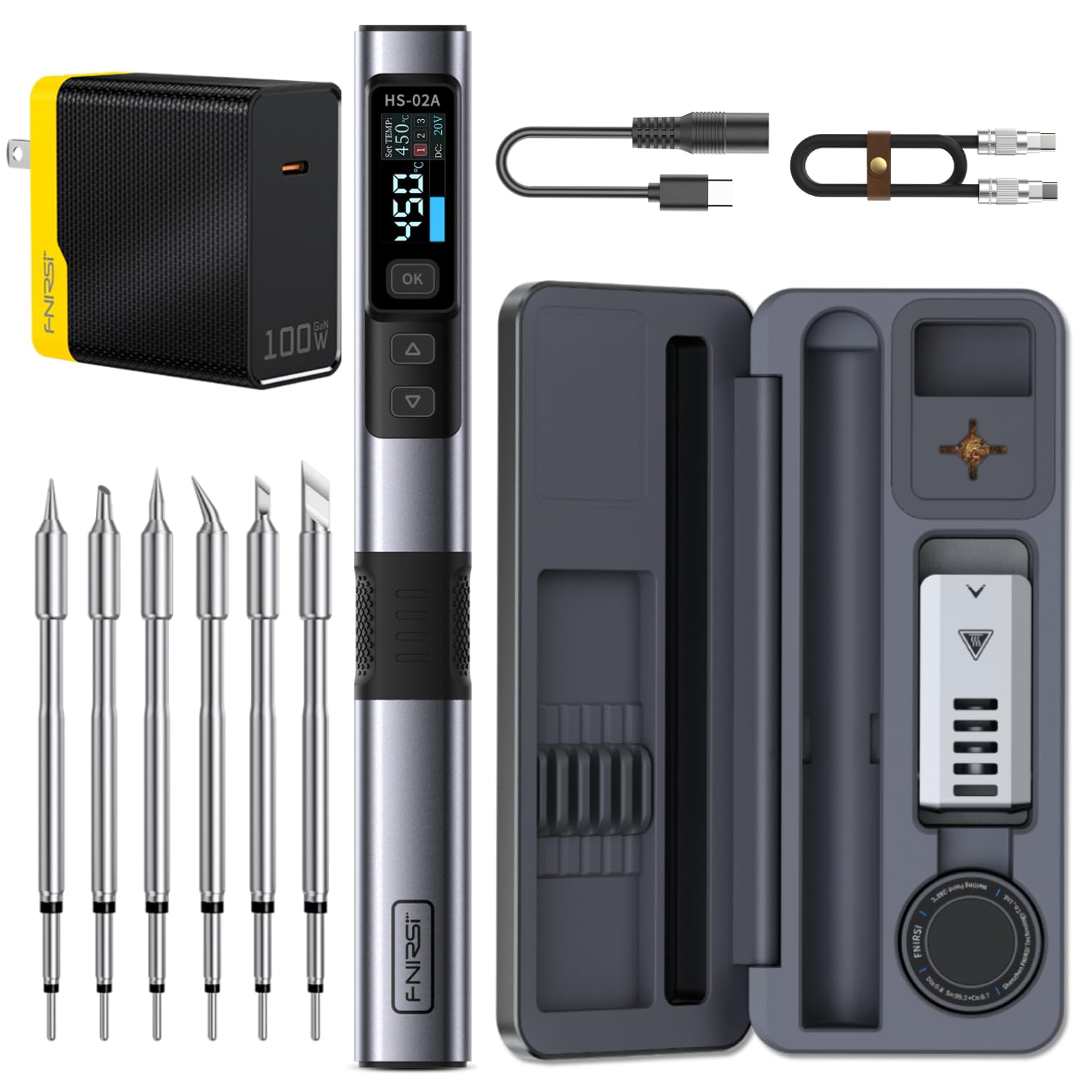 FNIRSI HS-02A with storage case and tips for organized electronics work.