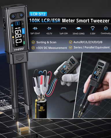 FNIRSI LCR-ST2 with gold-tipped tweezers for accurate component probing
