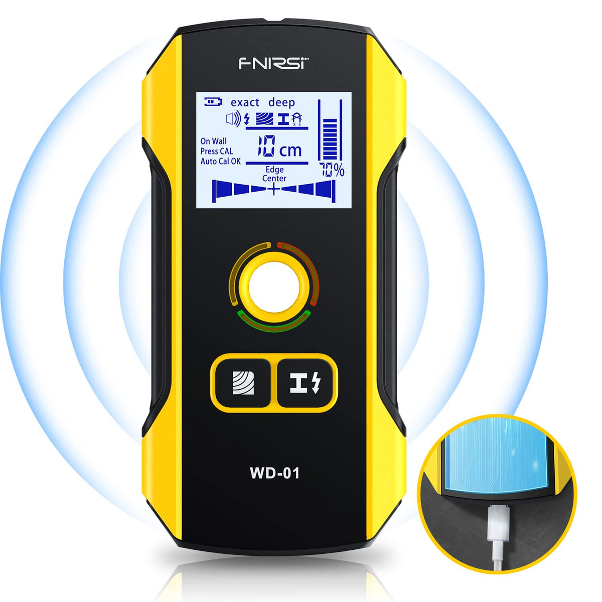 FNIRSI stud finder shows center and edge marking on wood for precise mounting