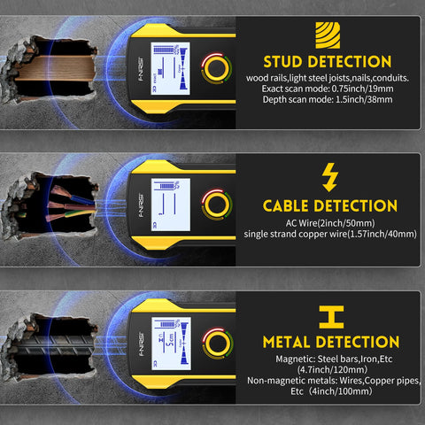 FNIRSI depth scan on wood reveals stud location up to 1.5 inches